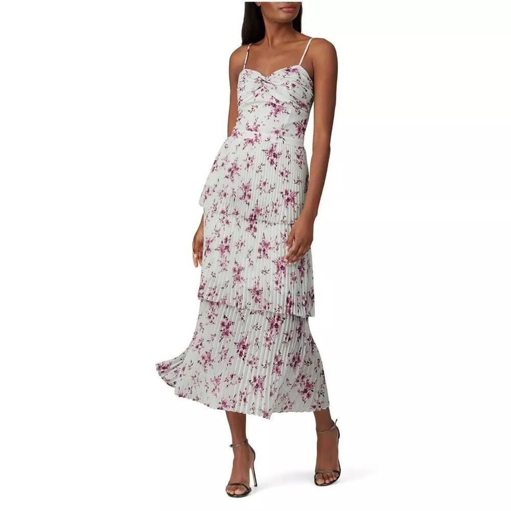 Monique Lhuillier Tiered Pleated Purple Floral Sweetheart Neck Dress Size 0